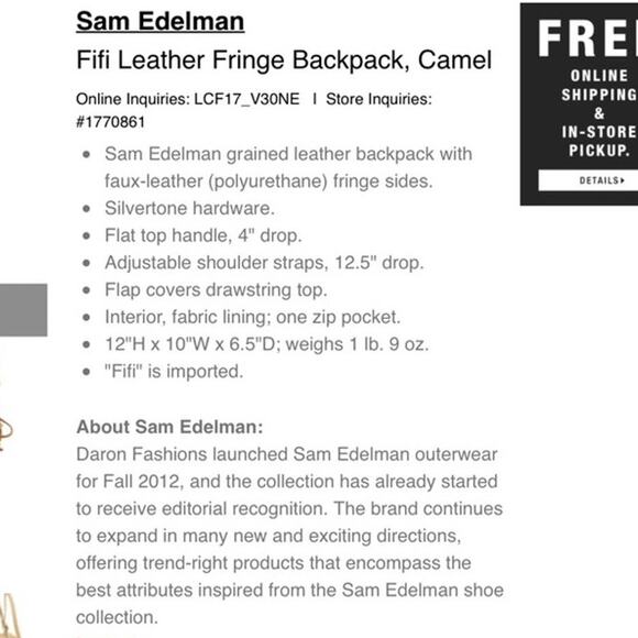 NEW Sam Edelman Supple LEATHER Boho Festival FIFI FRINGE Tan Drawstring Backpack - Picture 6 of 10